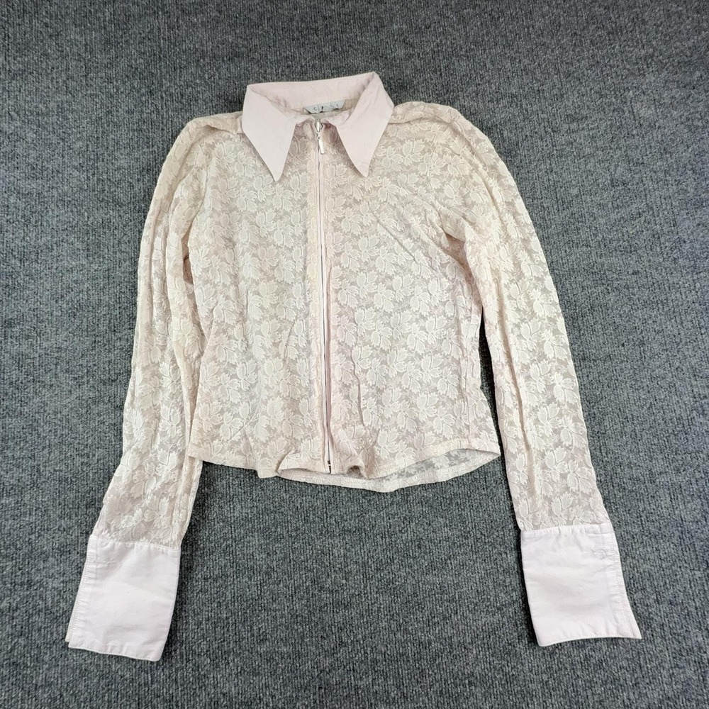 CAbi Blouse Womens Large Pink Lace Sheer Zip Front Collared Long Sleeve Top 976